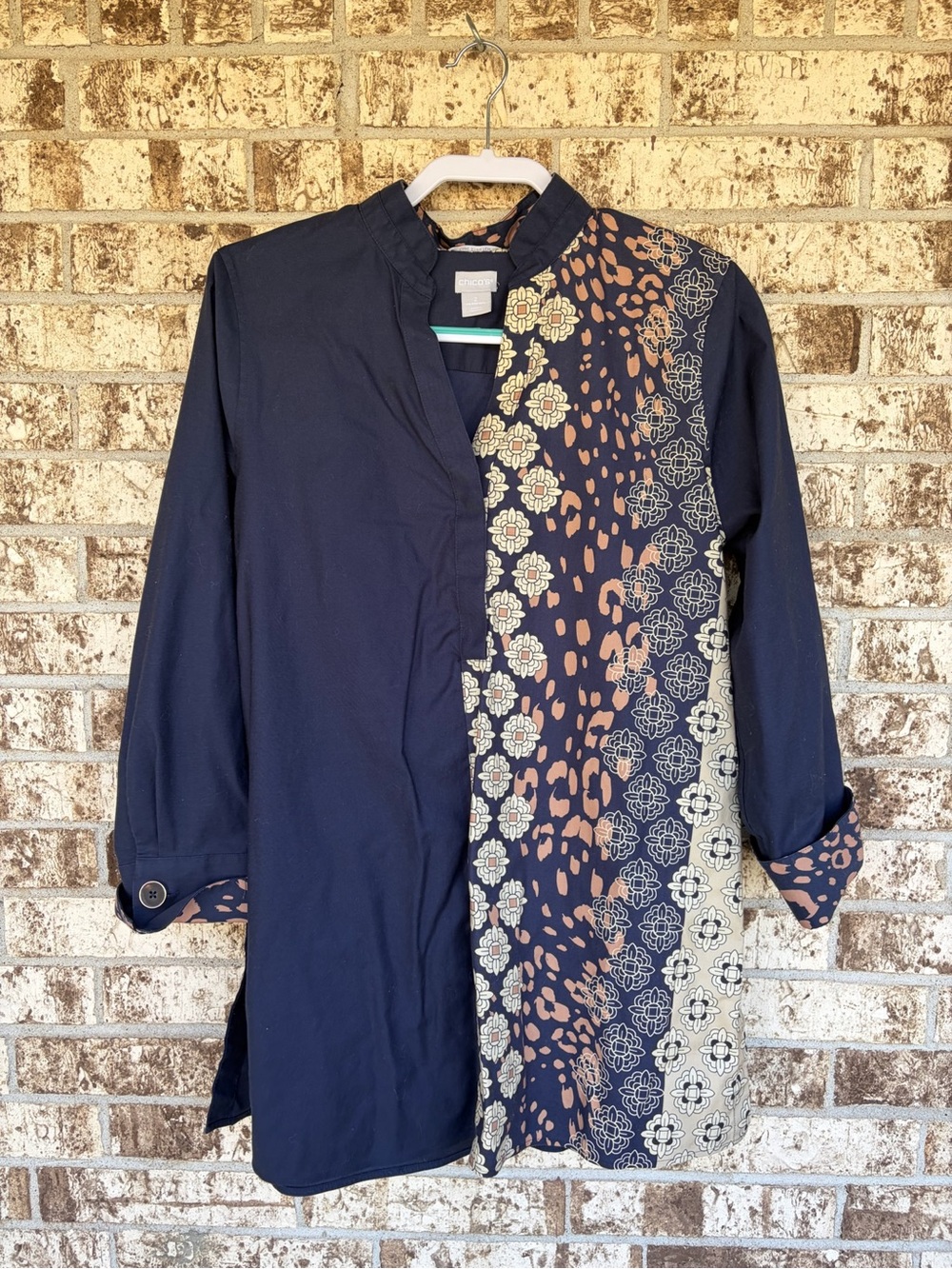 Chico's Navy Trench with Floral and Rust Accent Panel